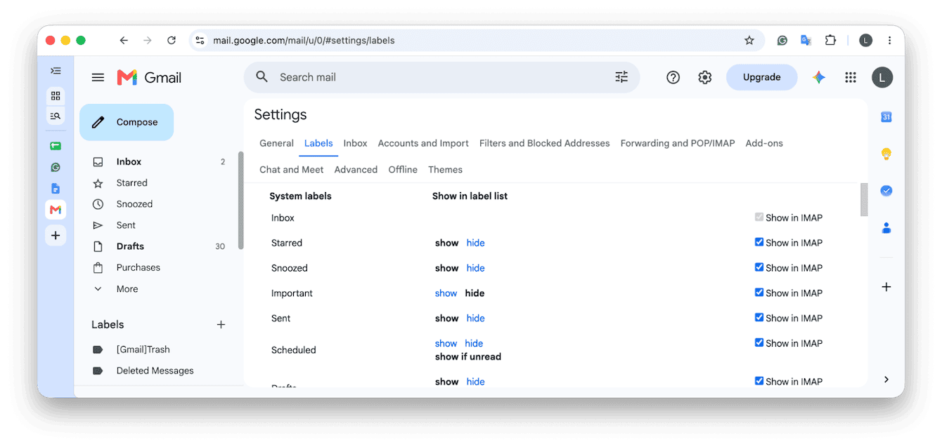 Gmail Labels settings with options to show or hide system labels