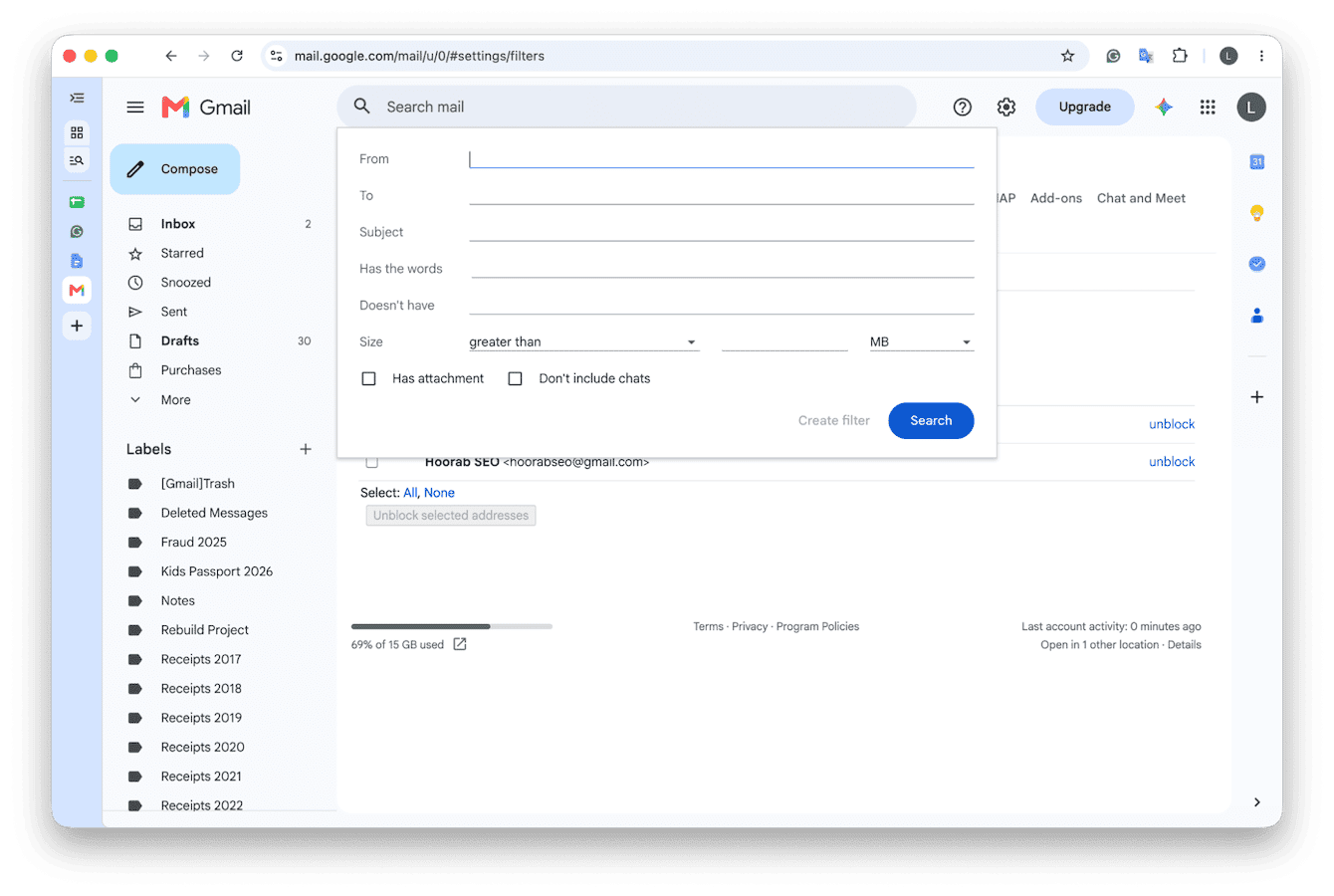 Gmail search options panel used to create a new filter