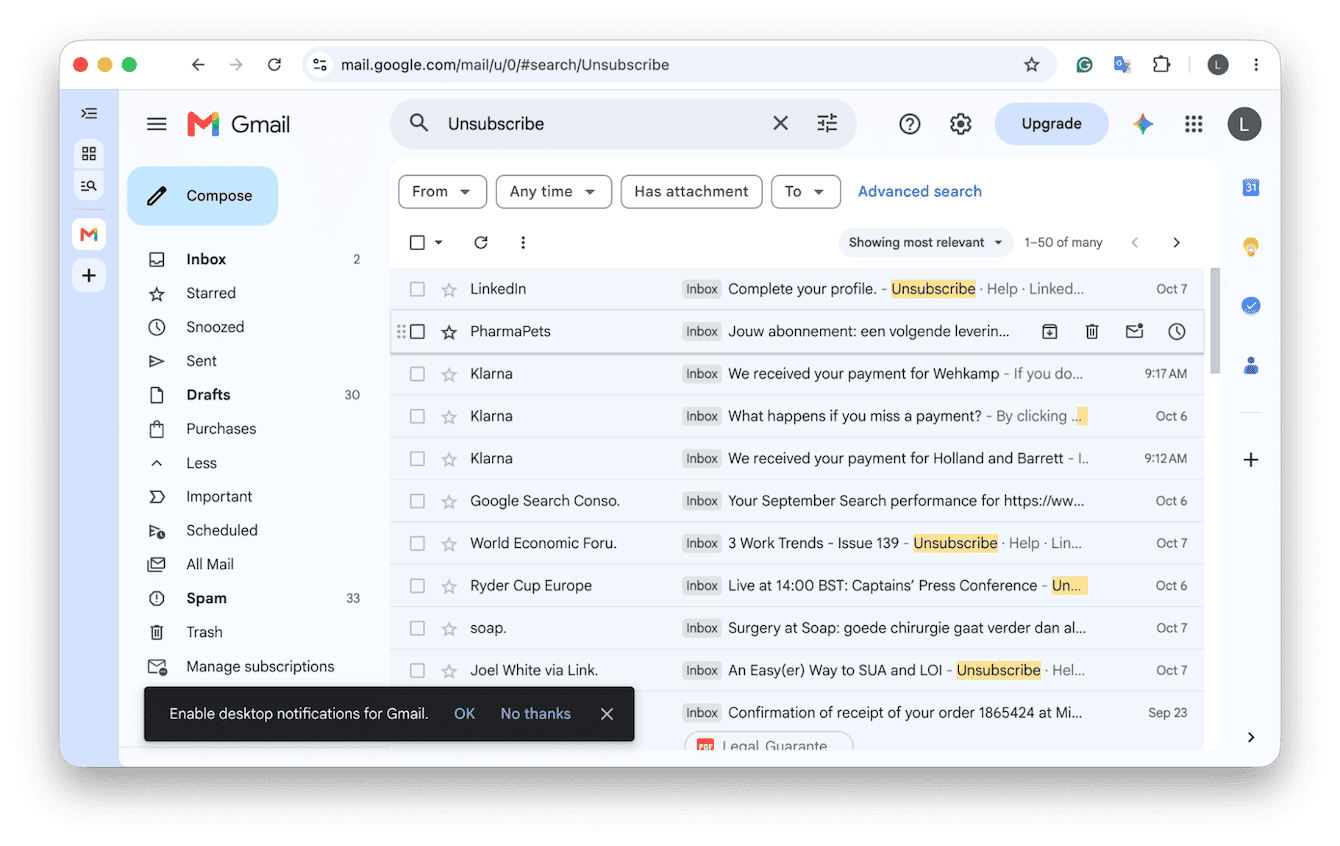 Gmail search results for the word unsubscribe