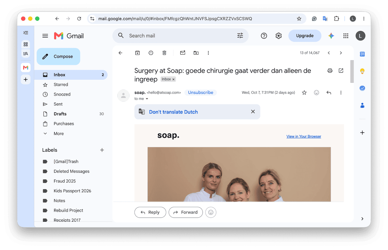 Gmail email with the Unsubscribe link next to the sender name