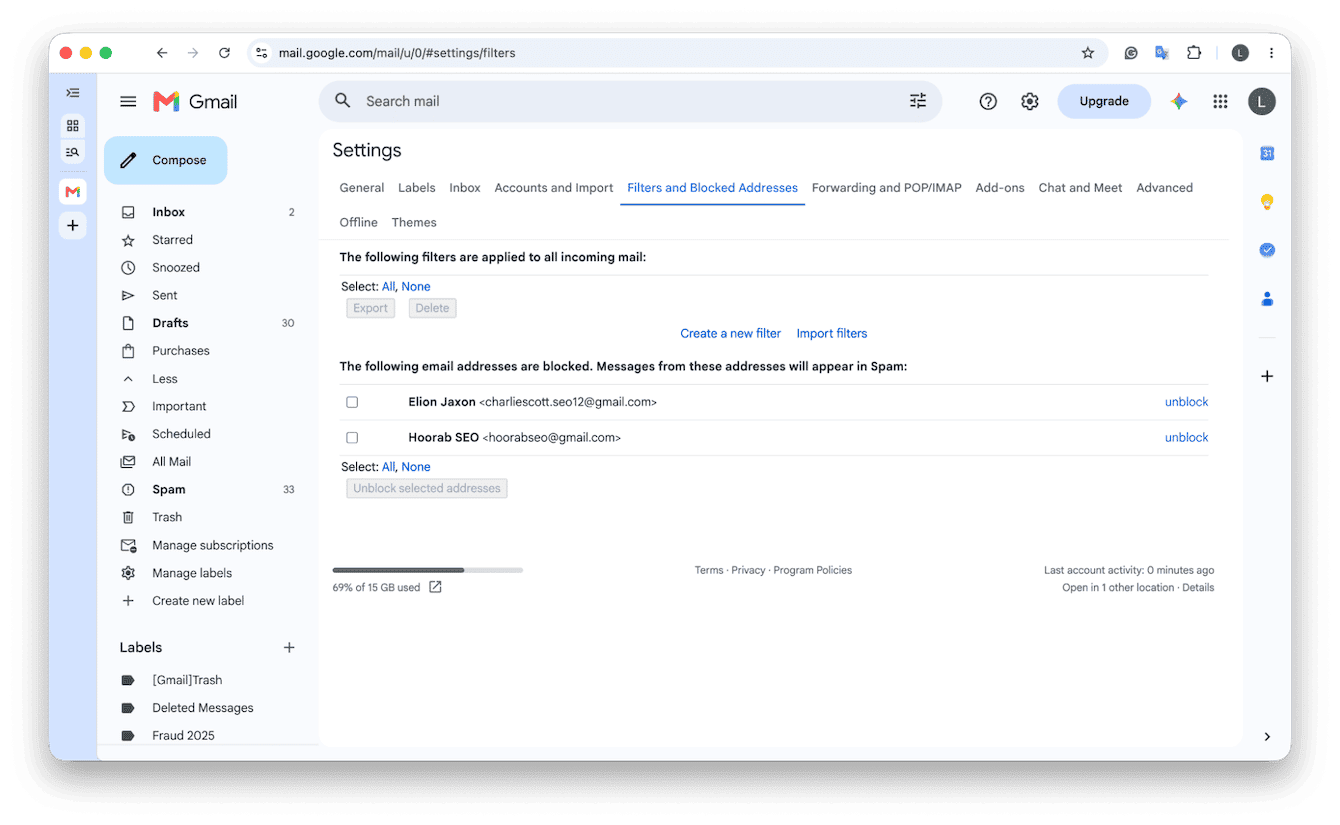 Gmail Filters and Blocked Addresses settings with the Create a new filter link