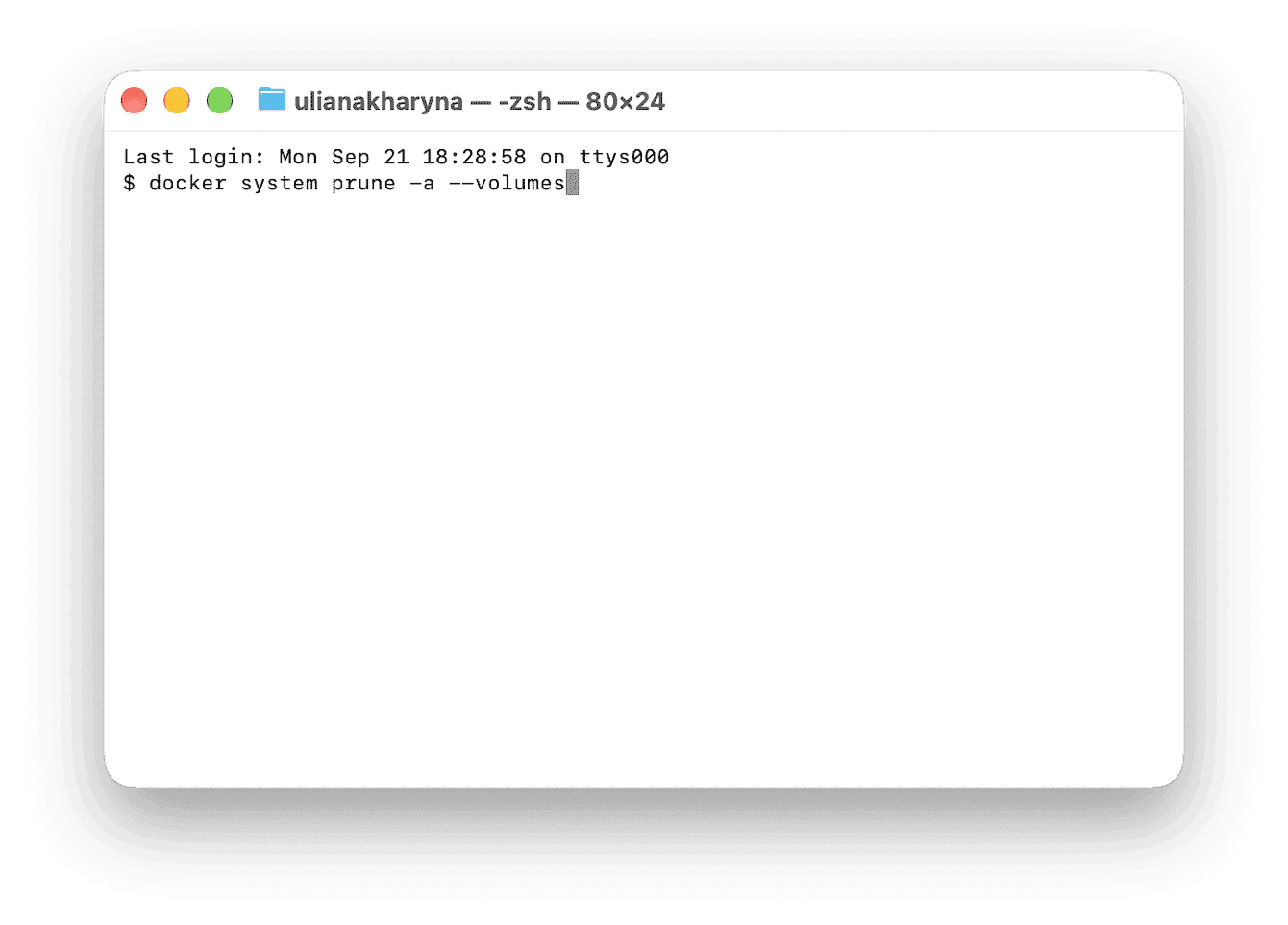 Terminal command pruning all unused Docker images and volumes