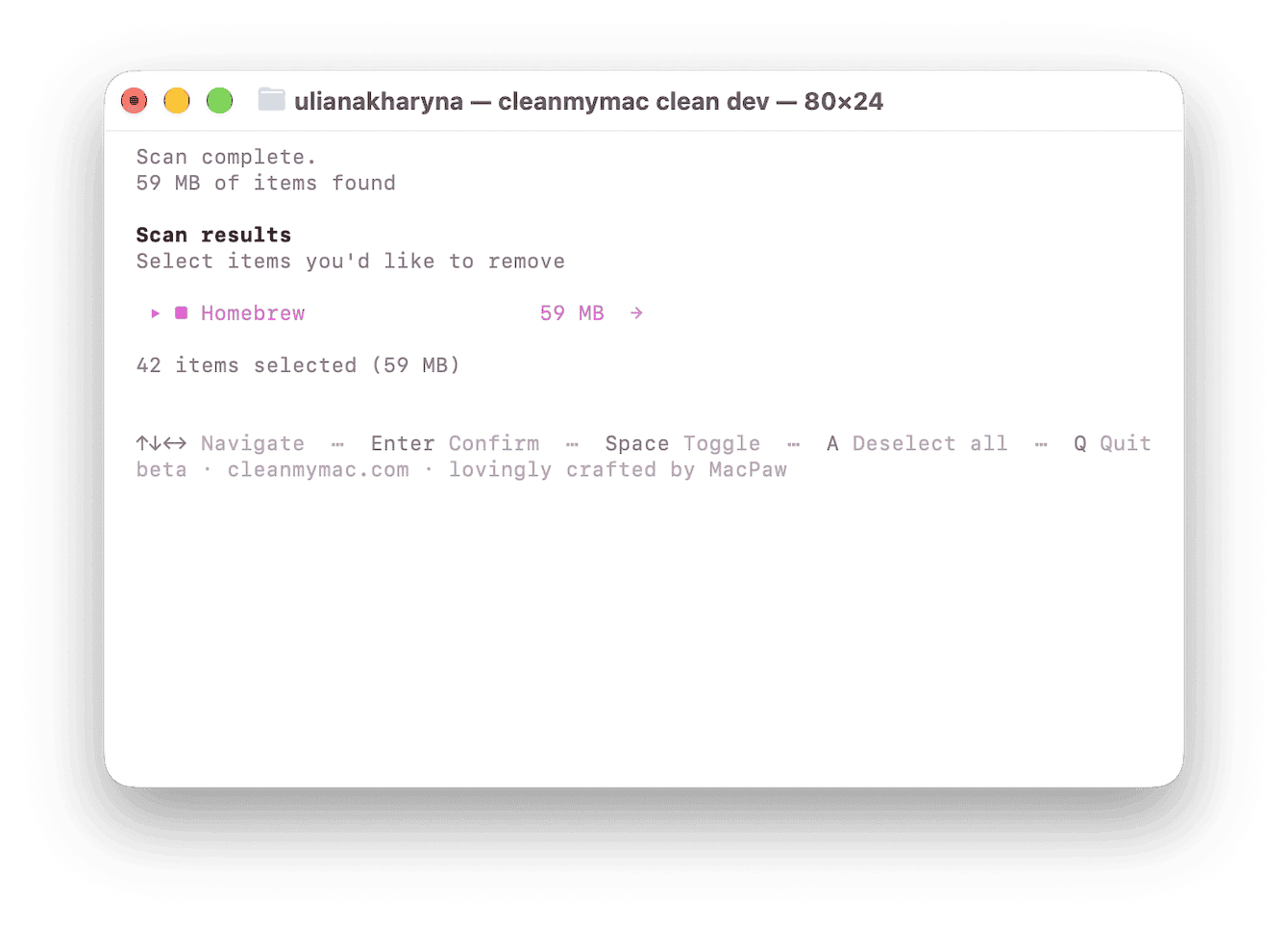 CleanMyMac dev cleanup scan results showing Homebrew cache files found
