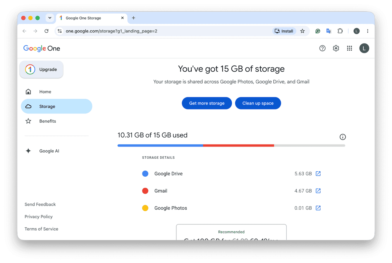 Google One storage page showing usage across Drive, Gmail and Photos