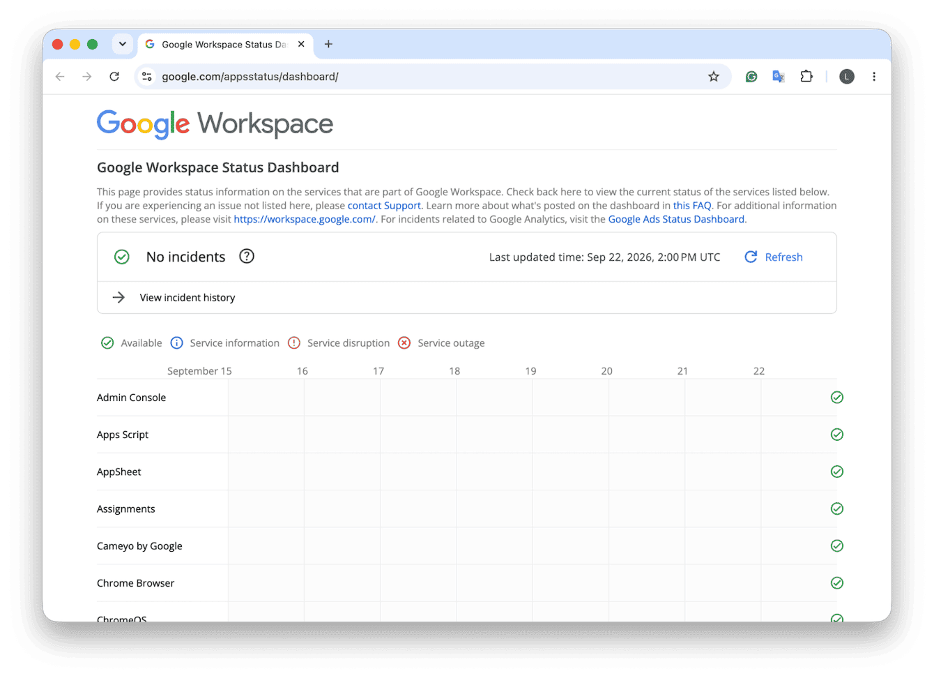 Google Workspace Status Dashboard showing all services available