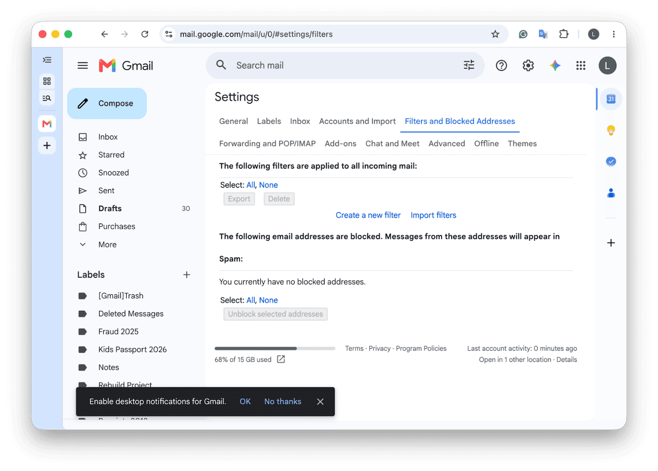 Gmail settings page for managing filters and blocked email addresses