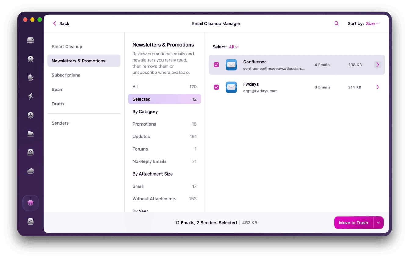 CleanMyMac Email Cleanup Manager showing selected newsletters to remove