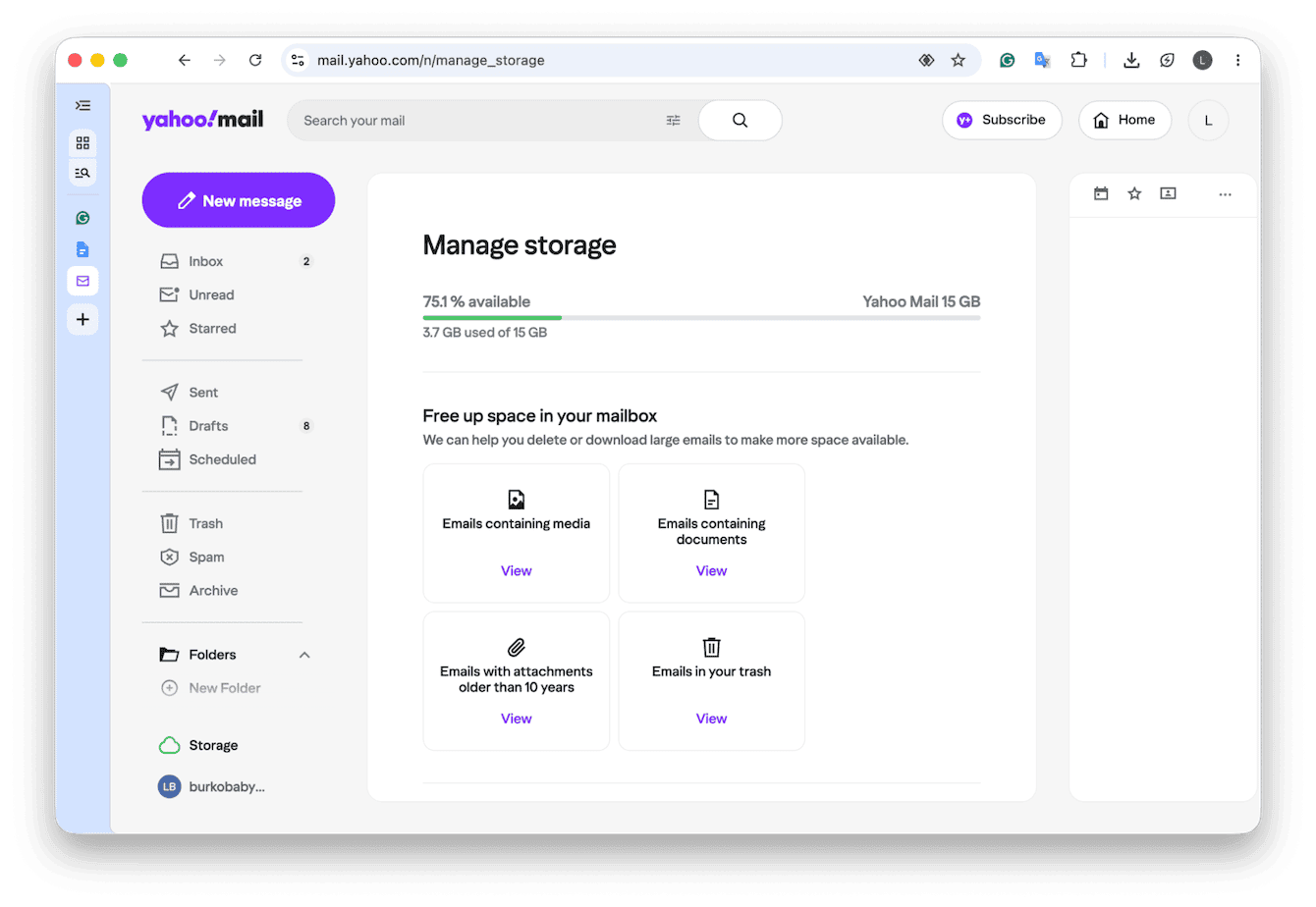 Yahoo Mail storage page showing space used and cleanup options