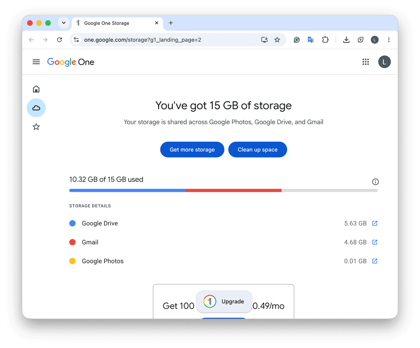 Google One storage page showing usage across Drive, Gmail and Photos
