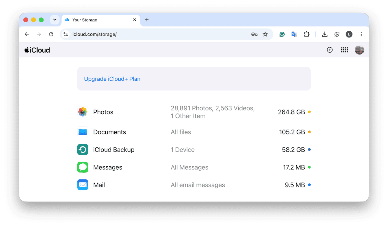 iCloud storage page showing space used by Photos and Documents