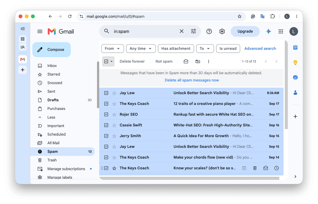 Gmail Spam folder showing list of unwanted marketing messages