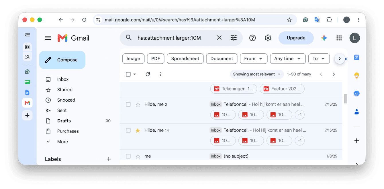 Gmail search results showing emails with attachments larger than 10MB