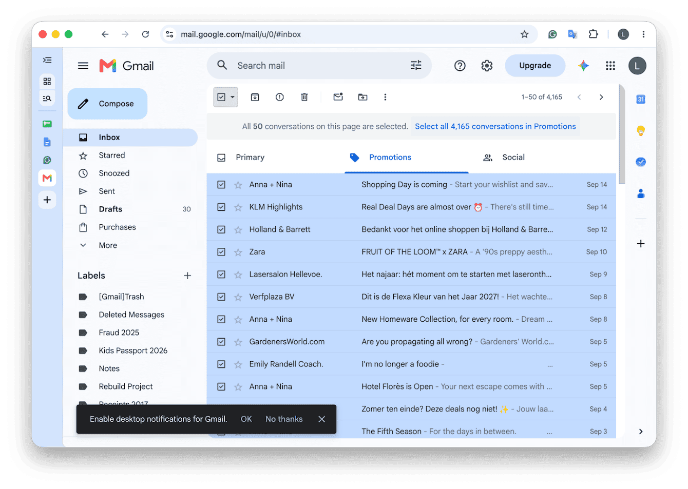 Gmail Promotions tab with all conversations on page selected