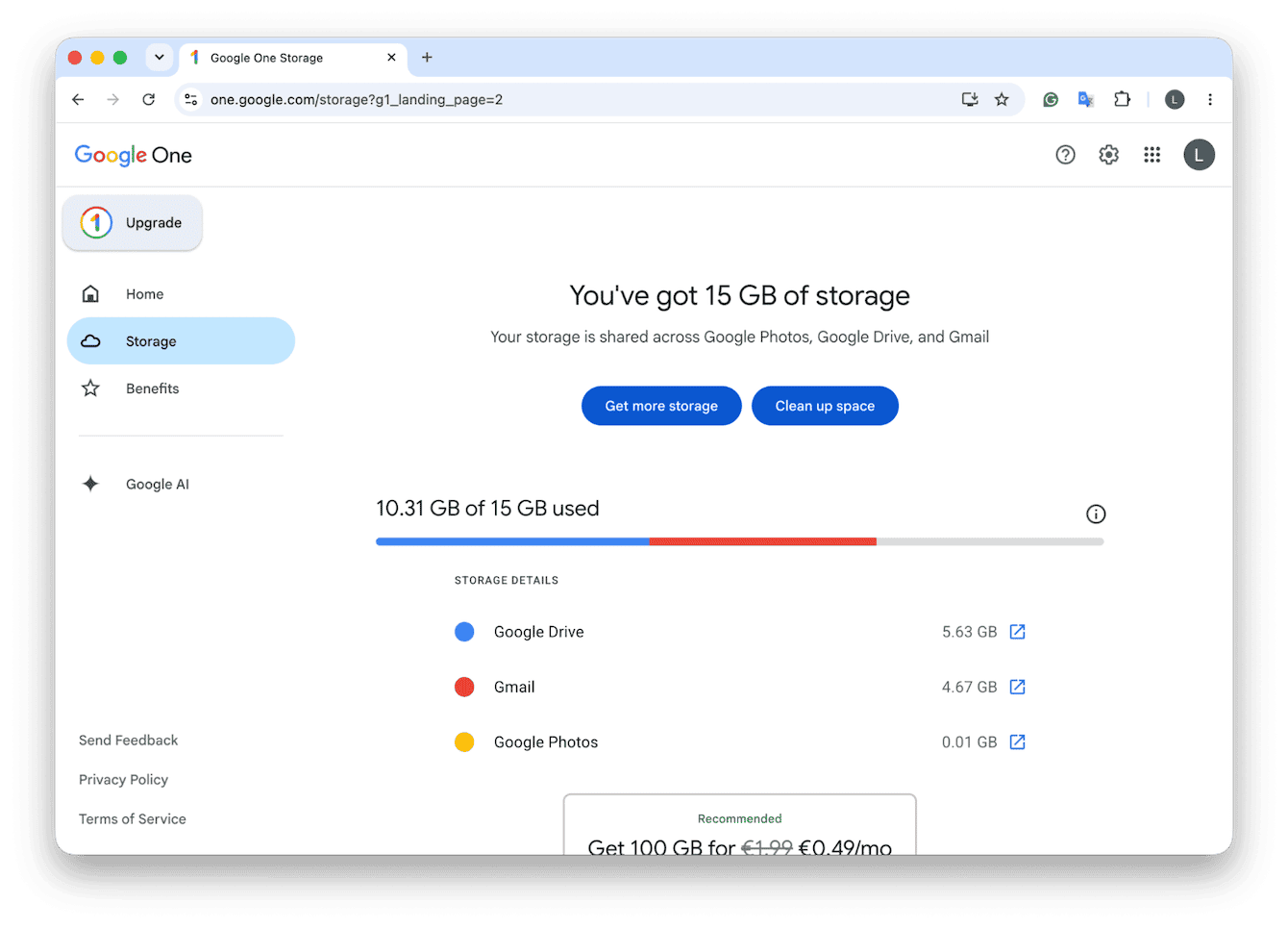 Google One storage page showing usage across Drive, Gmail and Photos