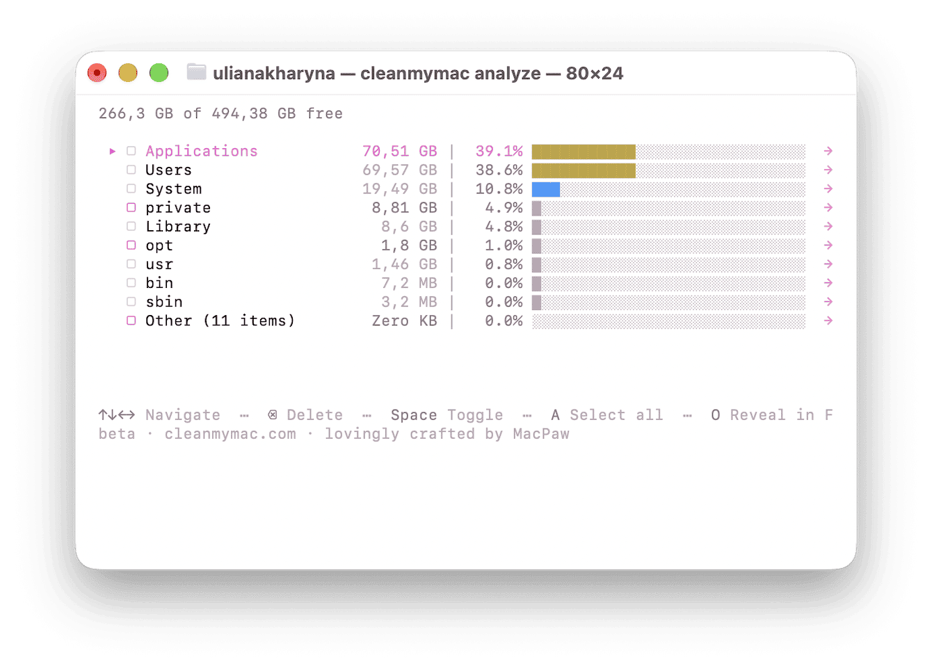 CleanMyMac disk analysis showing storage breakdown by system folder