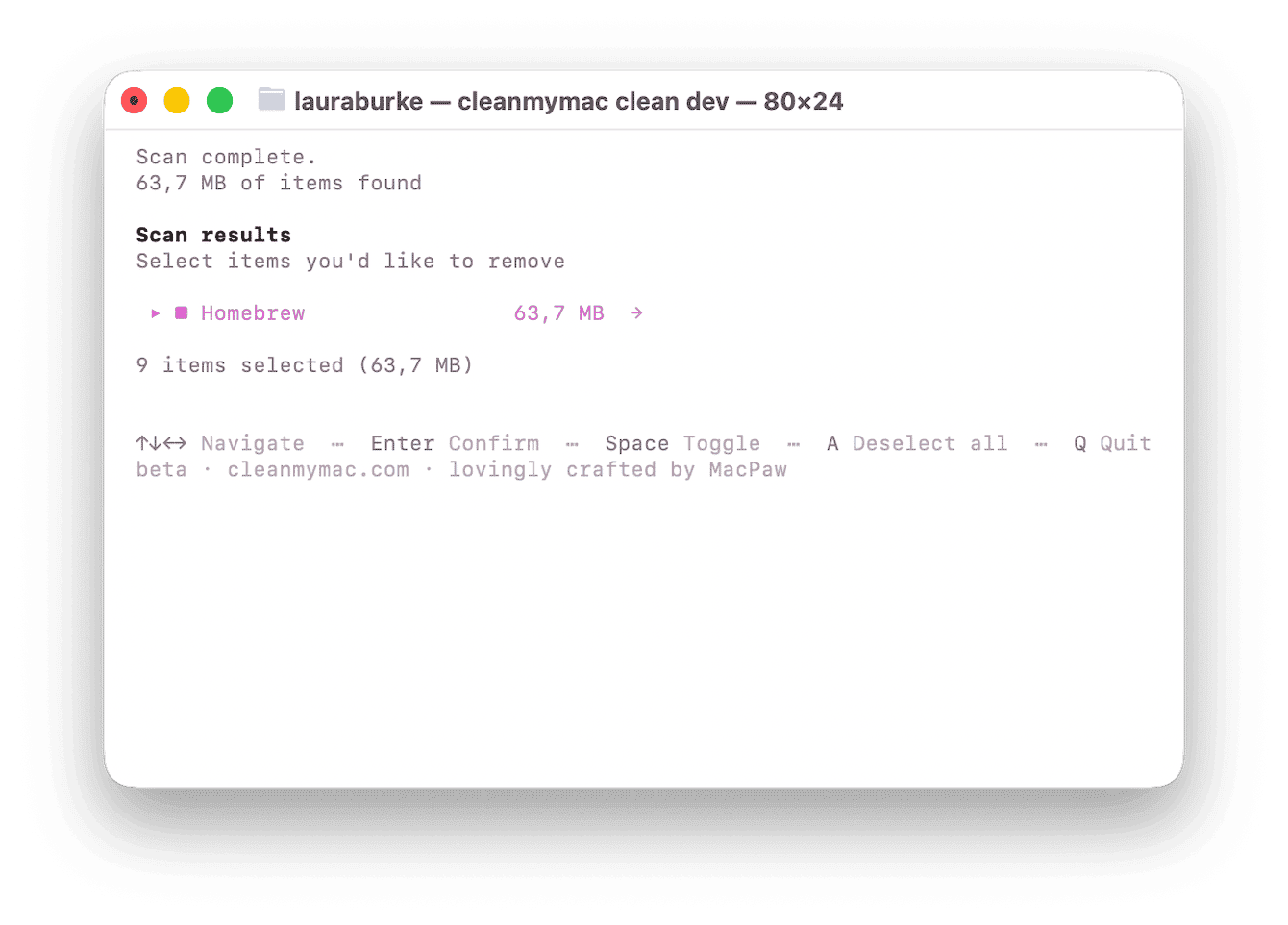 CleanMyMac dev cleanup scan results showing Homebrew cache files found