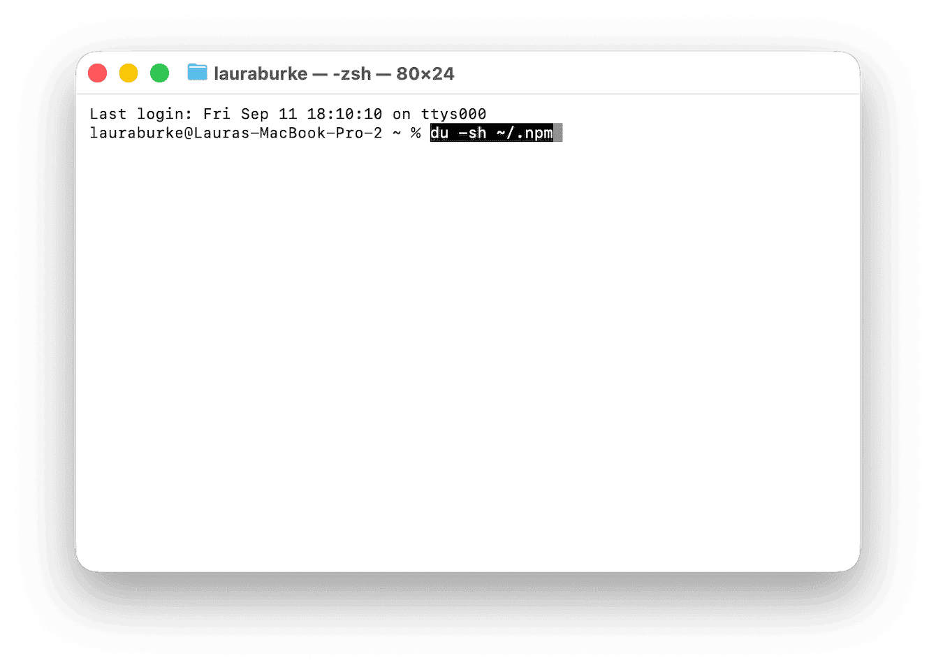 Terminal du command checking npm cache folder size on Mac