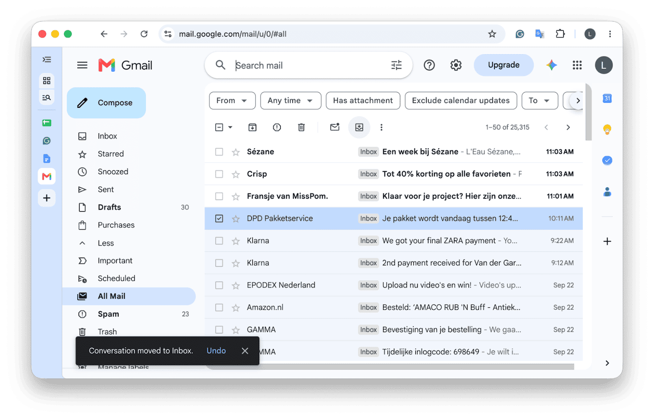 Gmail All Mail view with conversation moved to Inbox notification