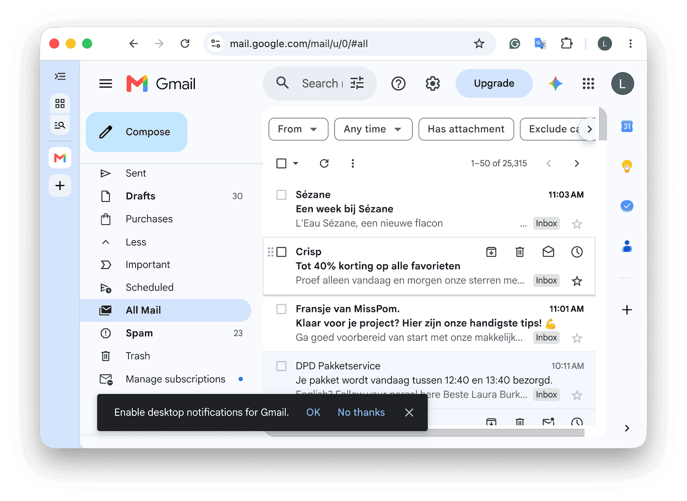 Gmail All Mail inbox showing promotional emails from online stores