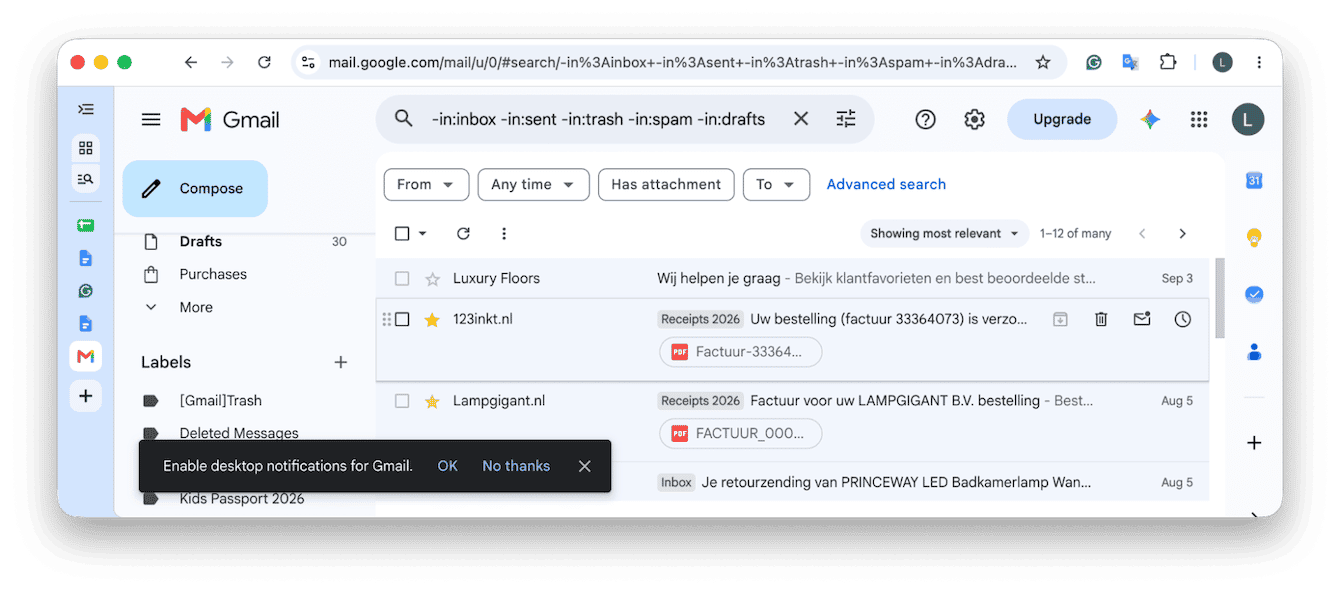 Gmail search results showing archived emails outside main folders