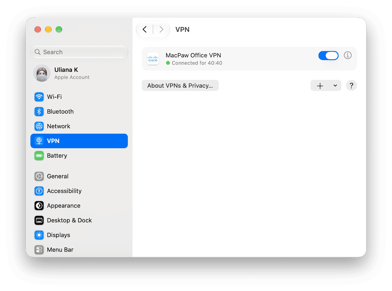 macOS VPN settings on Mac