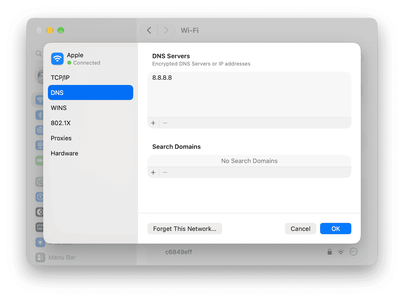 macOS Wi-Fi DNS settings showing custom DNS server address