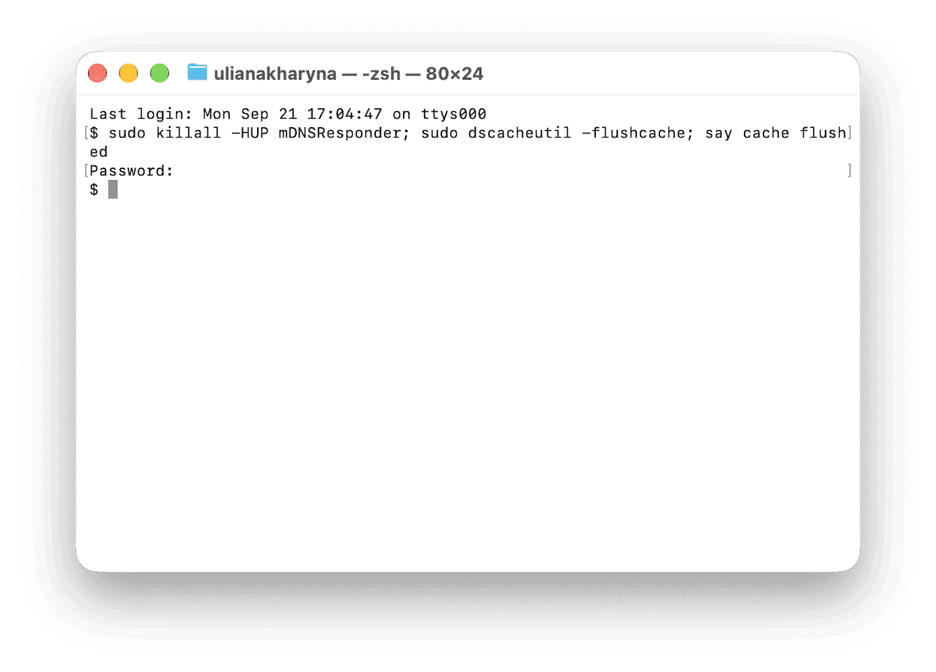 Terminal command flushing DNS cache and restarting mDNSResponder service