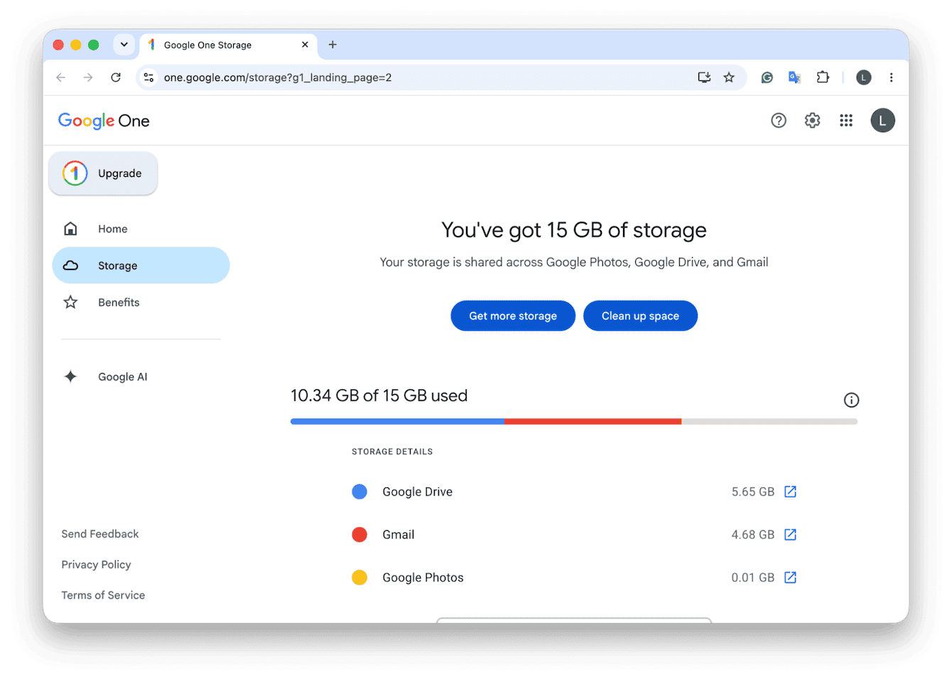 Google One storage page showing usage across Drive, Gmail and Photos