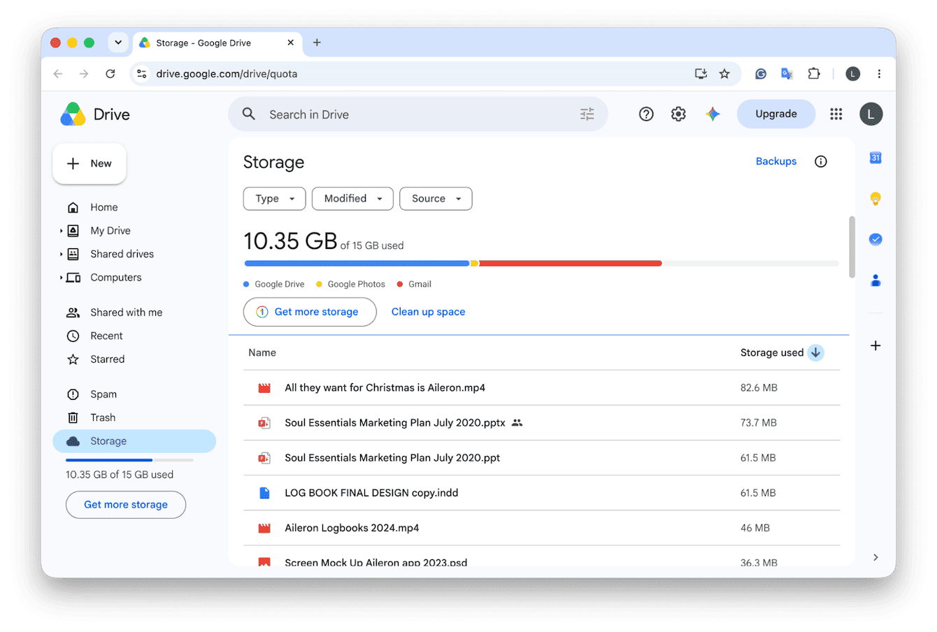 Google Drive storage page listing largest files by size used