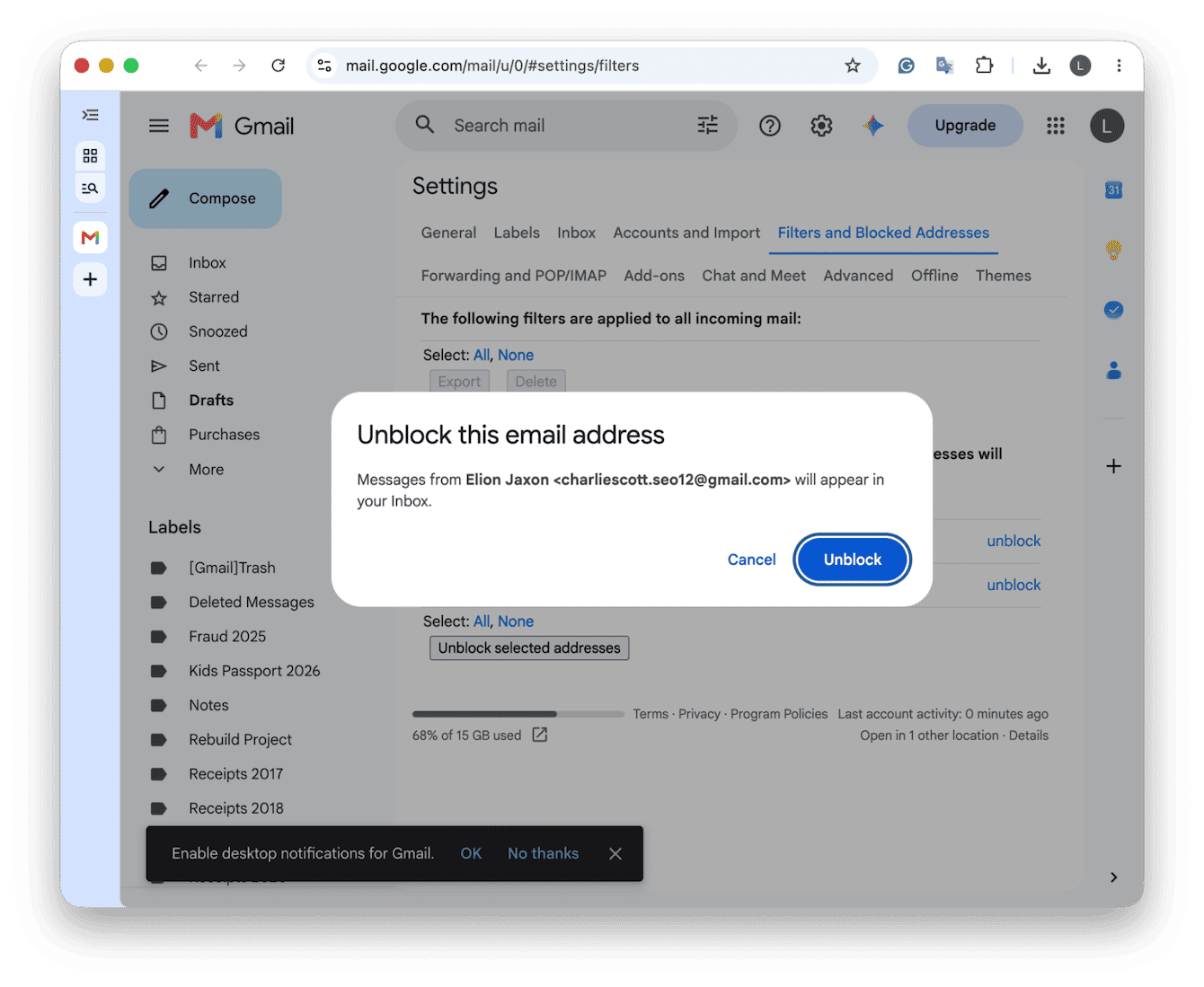 Gmail dialog confirming unblock action for blocked email sender
