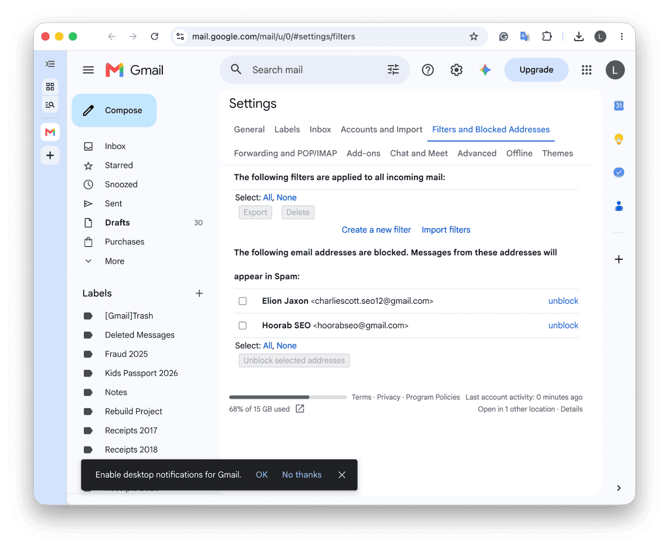 Gmail Filters settings showing list of blocked email addresses