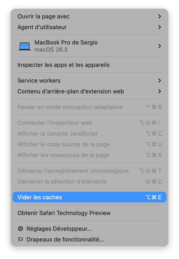 Cliquez sur Vider les caches