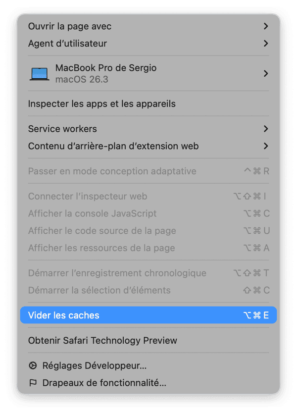 Cliquez ensuite sur Vider les caches