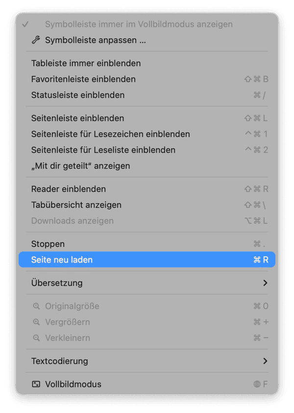 Aktualisieren Sie die Website