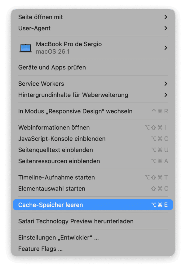 &Ouml;ffnen Sie das Men&uuml; &bdquo;Entwickler&ldquo; und w&auml;hlen Sie dann &bdquo;Caches leeren"