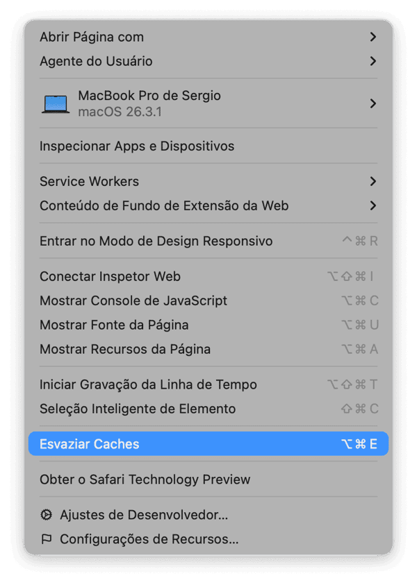 Clique no menu Desenvolvedor e escolha Esvaziar Caches