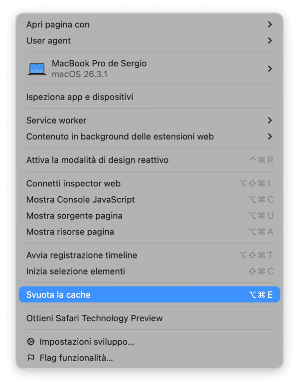 Fai clic sul menu Sviluppo e scegli Svuota la cache