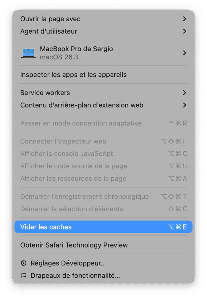 Cliquez sur Vider les caches