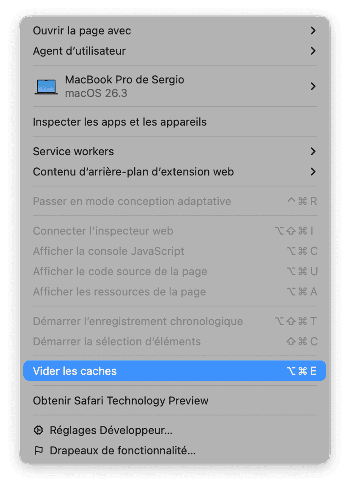 Ouvrez le menu D&eacute;veloppement, puis s&eacute;lectionnez Vider les caches