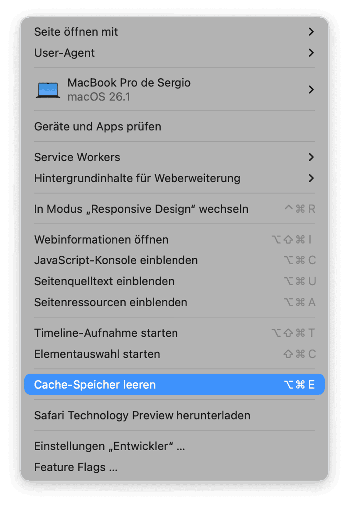Klicken Sie auf &bdquo;Cache- Speicher leeren