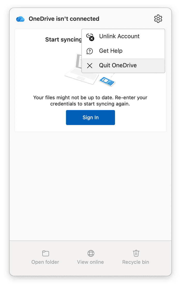 Quit OneDrive completely from your top menu bar
