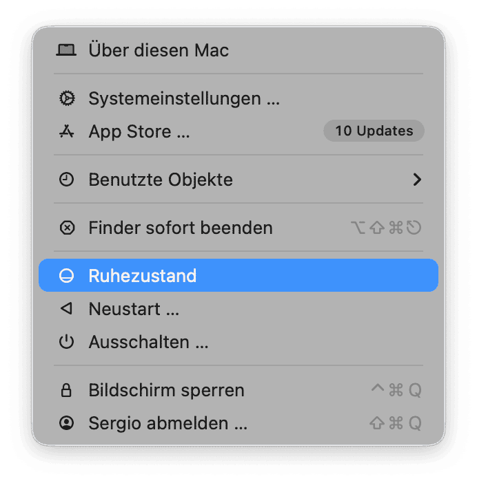 Um Ihren Mac in den Ruhezustand zu versetzen, schlie&szlig;en Sie einfach den Deckel oder w&auml;hlen Sie &bdquo;Ruhezustand&ldquo; aus dem Apple-Men&uuml;