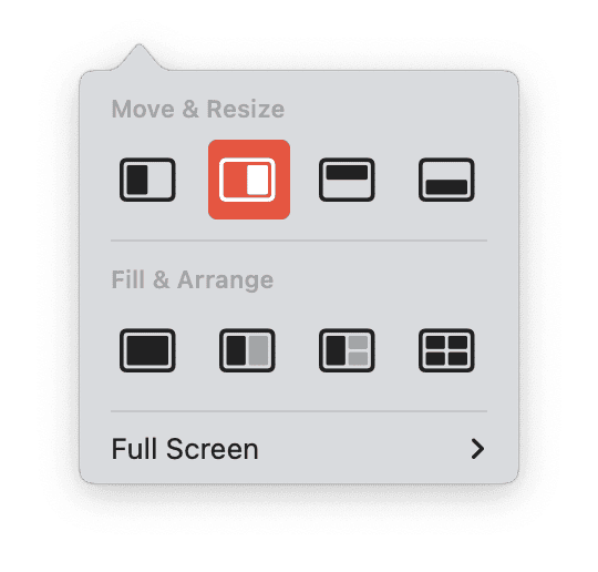 Hover over the green button (officially called the Full-Screen Mode) in the top-left corner of one window