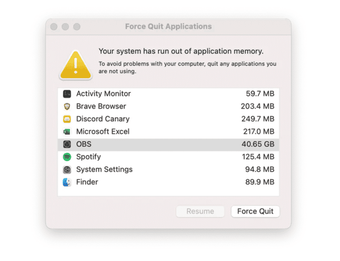 "system has run out of application memory" message