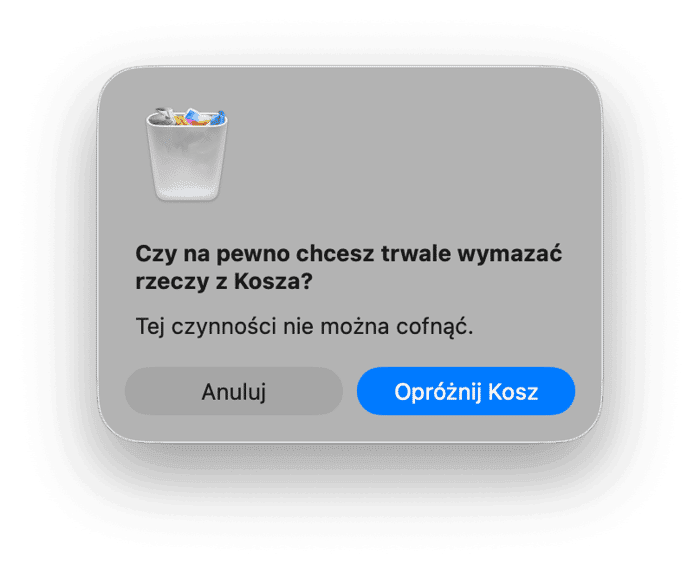 Kliknij ikonę Kosza w Docku i wybierz Opr&oacute;żnij Kosz