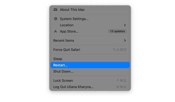 Apple menu showing Restart option to reboot Mac