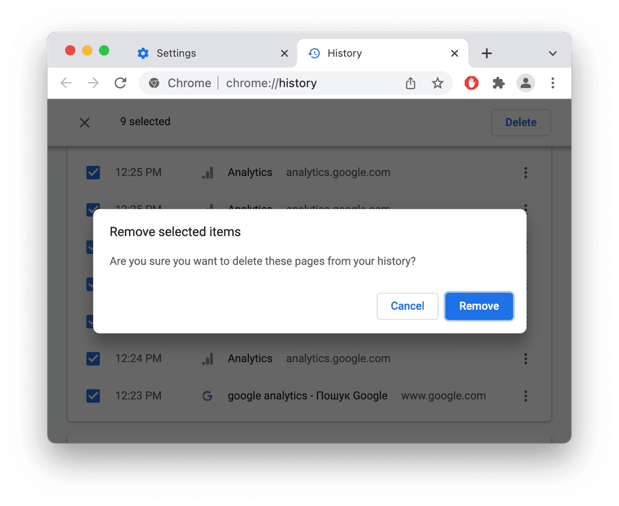 How to remove selected pages from Chrome history