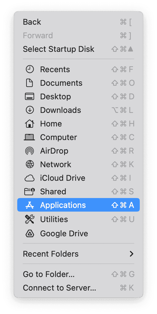 Go menu &ndash; Applications