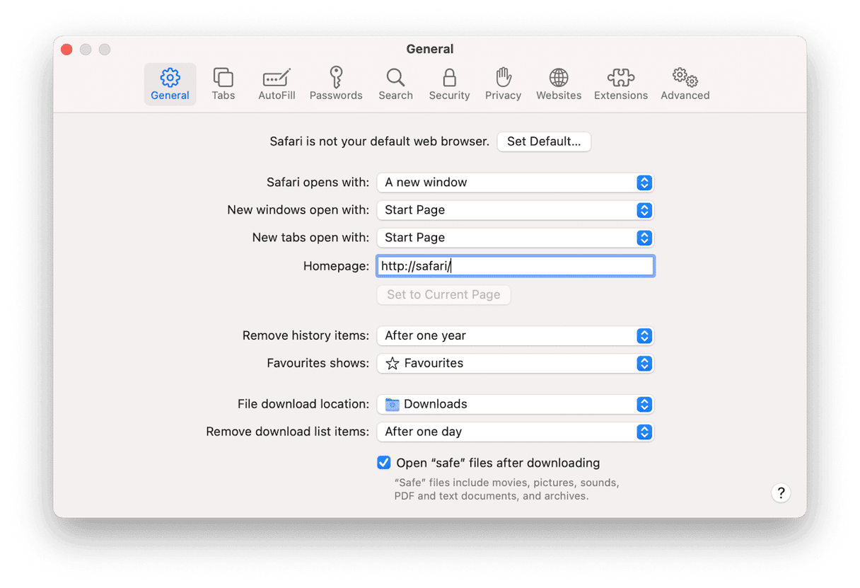safari general settings menu