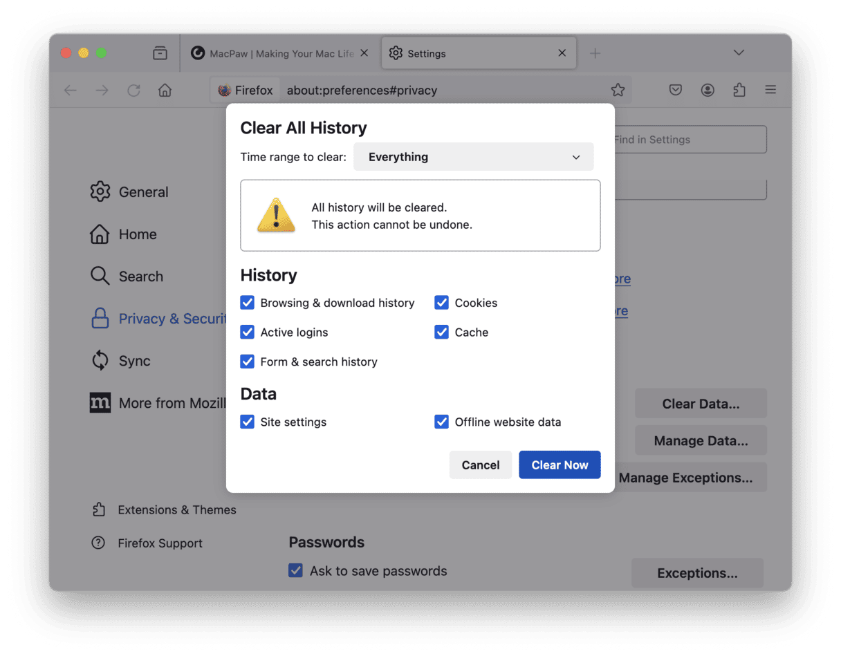 Remove browsing data in Firefox